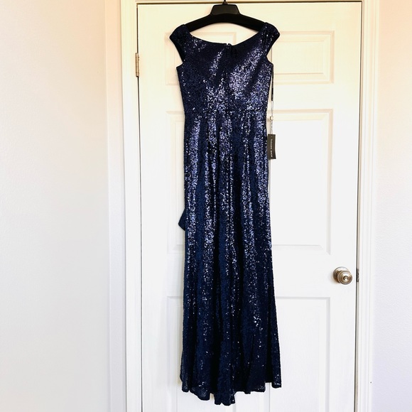 NWT TADASHI SHOJI SEQUIN OFF THE-SHOULDER GOWN NAVY PARTY FORMAL METALLIC   XS - Picture 11 of 14